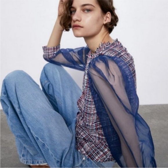 New Zara Tweed Organza Asymmetrical top size medium - Picture 3 of 13